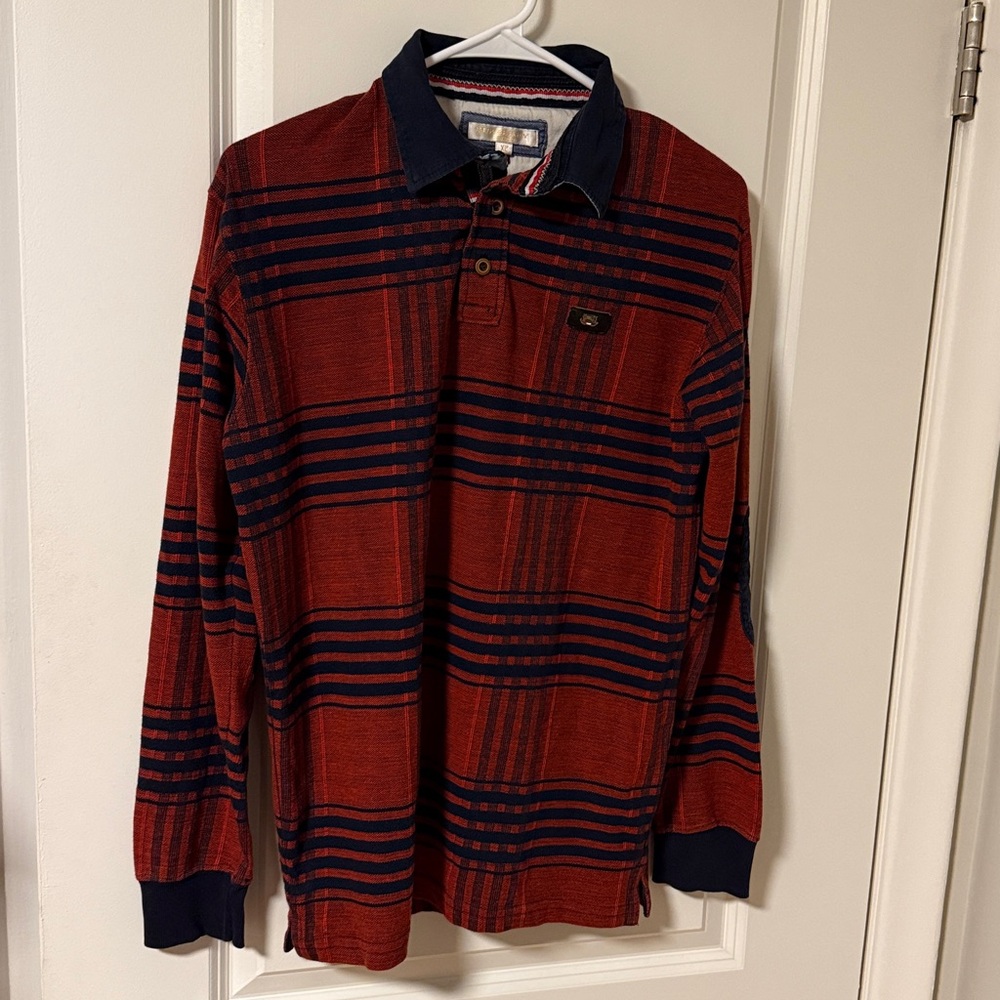 Burberry London Red and Navy Plaid Long Sleeve Polo Shirt